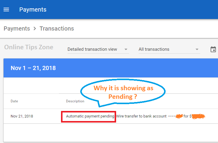 Automatic payment pending Adsense | Solved