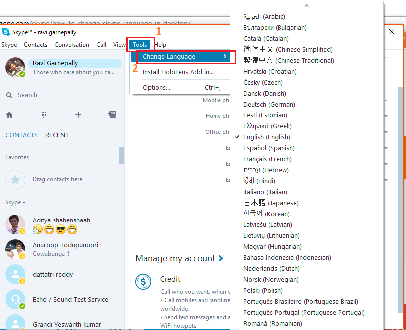 how to change language of skype